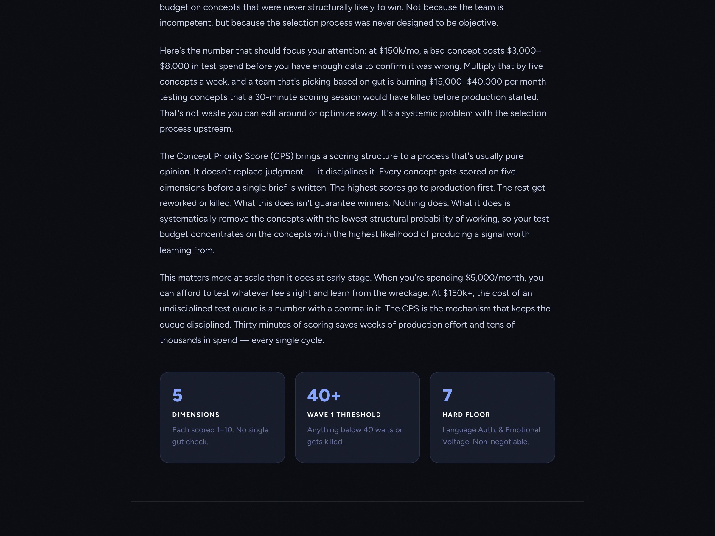 CPS concept scoring framework — five-dimension scoring dashboard